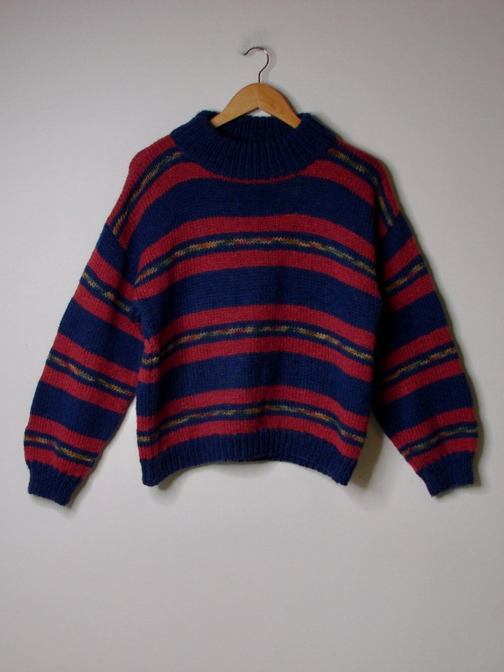 Chunky Knit Sweater Mockneck Striped Ribbed Blue Plum Tan Vintage ? Unisex Large